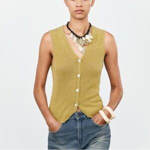 zara light chartreuse yellow green linen knit vest